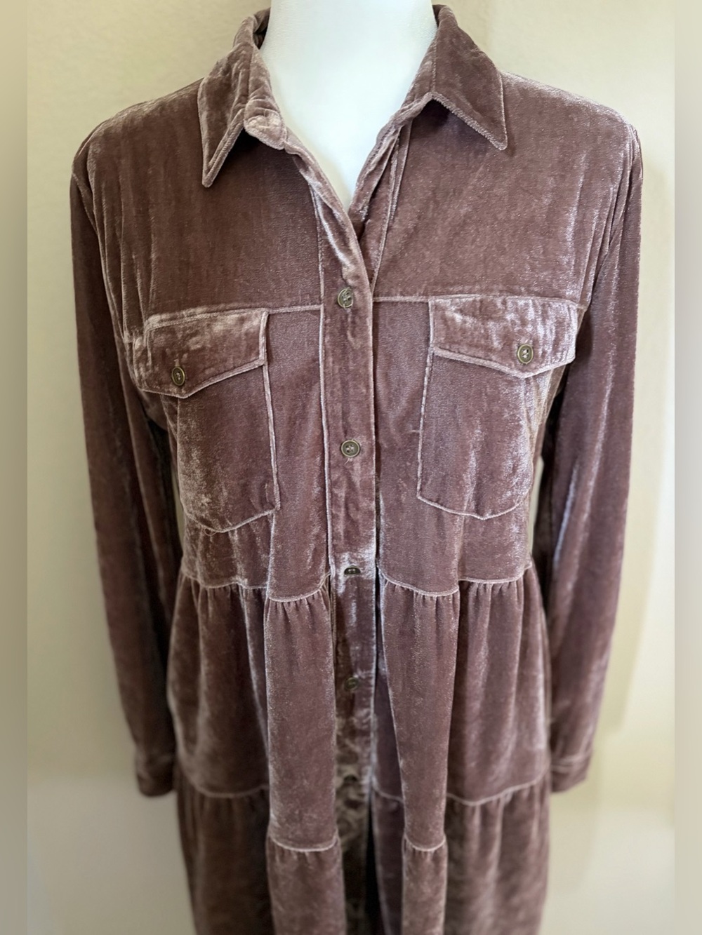 Umgee Mauve Velvet Tiered Shirt Dress Button Front Long Sleeve Size S - Picture 5 of 10